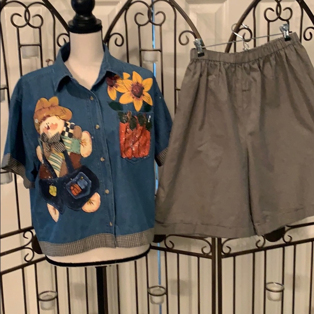 Autumn short set with denim button down shirt